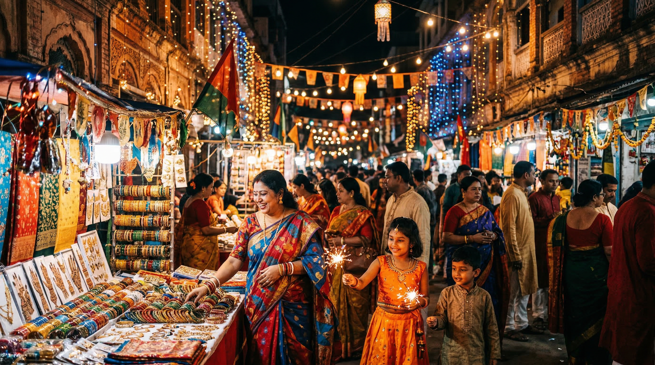 Chaand Raat celebration at Bangla Bazar with community members, festive lights, henna art, and street vendors during the night before Eid