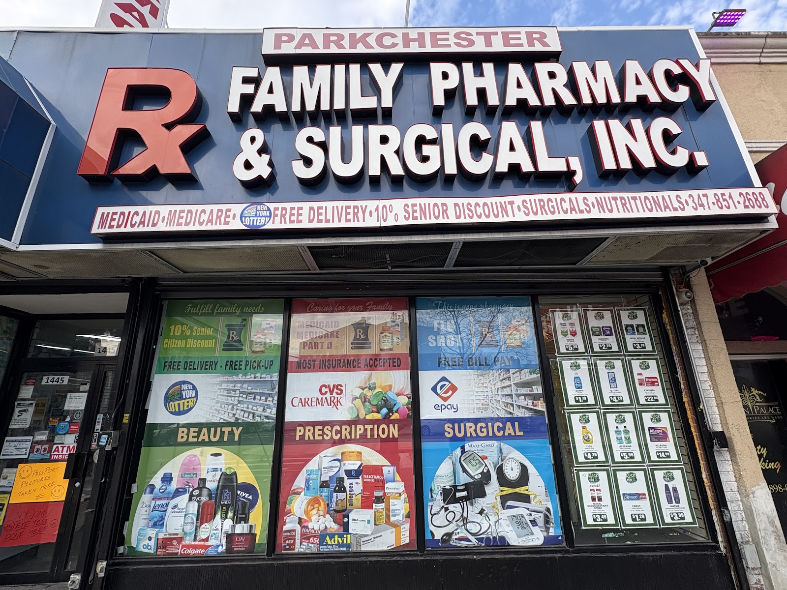 Parkchester Family Pharmacy & Surgical Inc storefront on Unionport Road showing full signage with Beauty, Prescription, and Surgical sections in Parkchester, Bronx