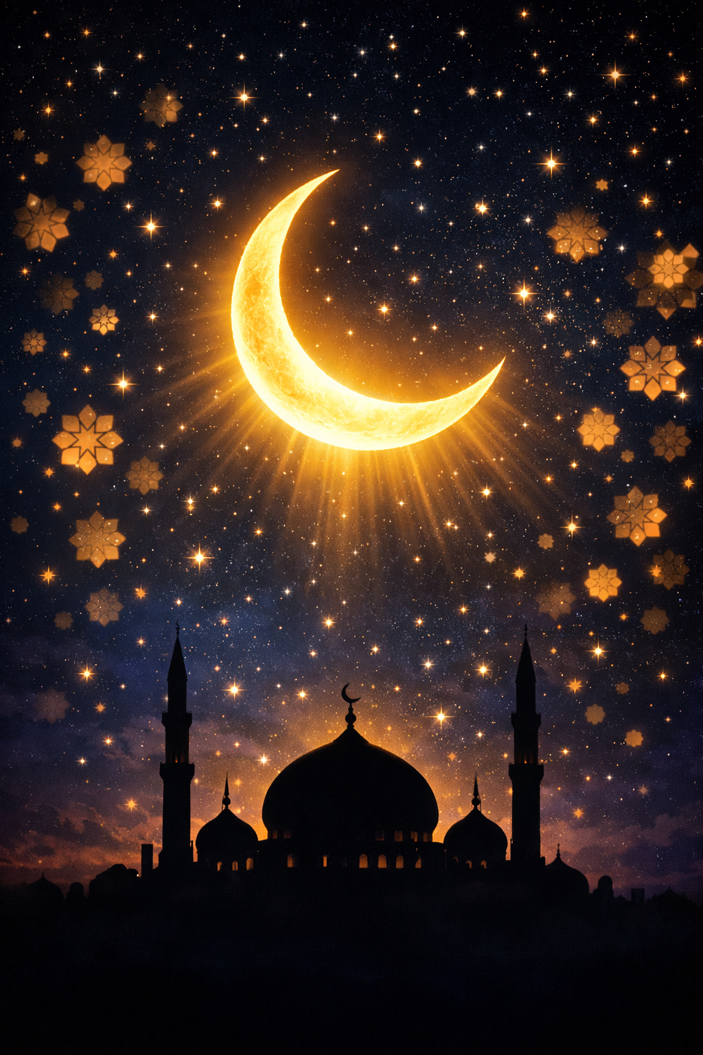 Glowing golden crescent moon over a mosque silhouette under a starry night sky